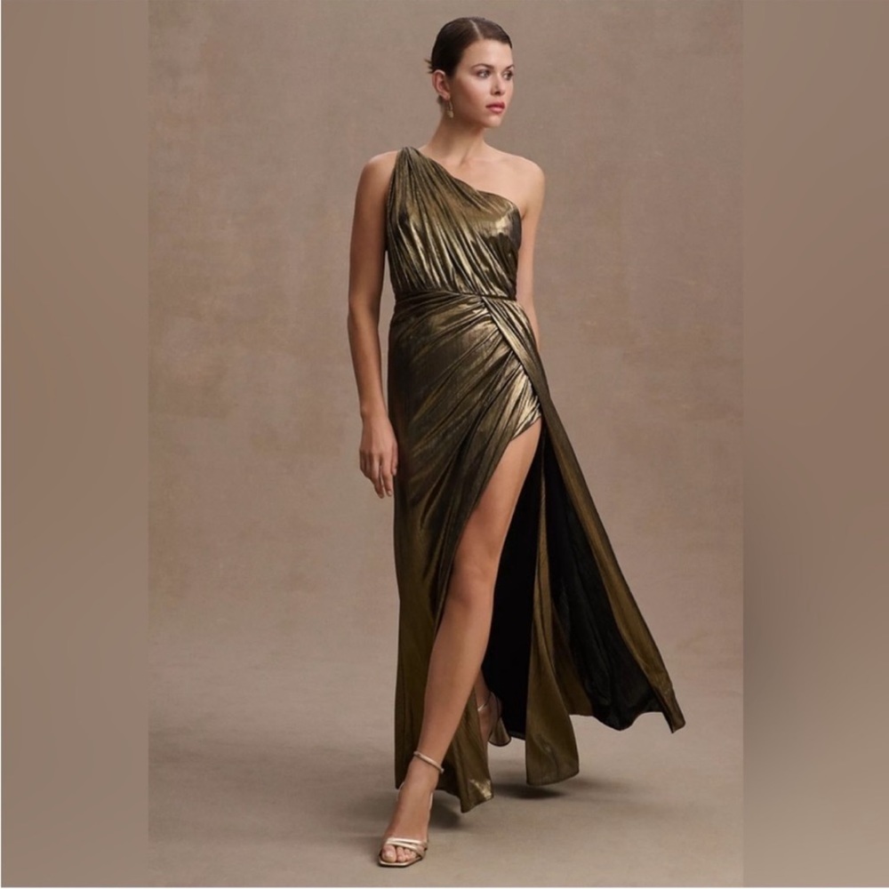 Mac Duggal leena Metallic Asymmetric Wrap Gown Grecian Dress in Antique Gold
